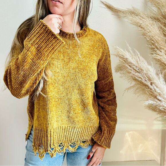 SMYM MUMU Gold Yellow Chenille Knit Oversized Distressed Crop Boxy Sweater XS - Picture 8 of 16